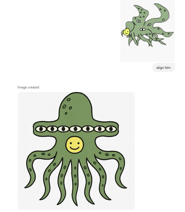 Two cartoon drawings: green octopus with multiple eyes and smiley face.