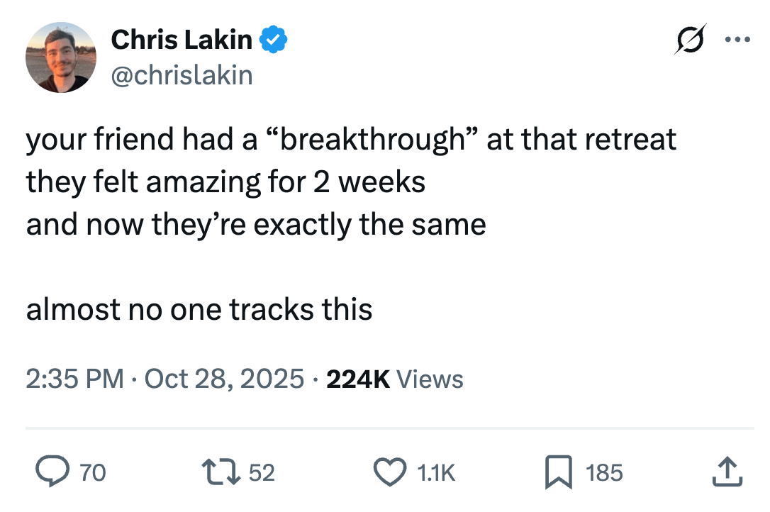 Chris Lakin @chrislakin
your friend had a “breakthrough” at that retreat
they felt amazing for 2 weeks
and now they’re exactly the same

almost no one tracks this

Oct 28, 2025 · 224K Views