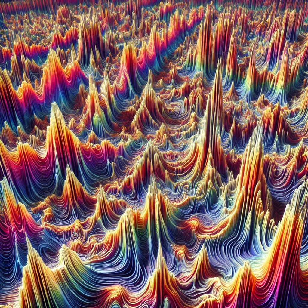 A highly exaggerated and intensely oscillatory 1D loss landscape representing a neural network training on a pseudorandom-hard function. The landscape should feature extremely sharp, frequent peaks and valleys, showing an almost chaotic and warped pattern. Include intense fluctuations and dramatic ridges, illustrating a landscape that is incredibly difficult to optimize. The overall visual should convey an impression of a 'cursed' optimization path, with a vibrant color scheme to emphasize the oscillatory and warped nature.