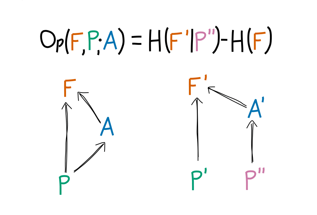 A diagram with the following equation at the top: Op(F, P; A) = H(F'|P'') - H(F). Below are two Bayes nets. The one on the left has nodes P, A,and F with nodes P to A, P to F and A to F. The network on the left has nodes P, P'', A', and F'. It has arrows P' to F', P'' to A', and A' to F'.