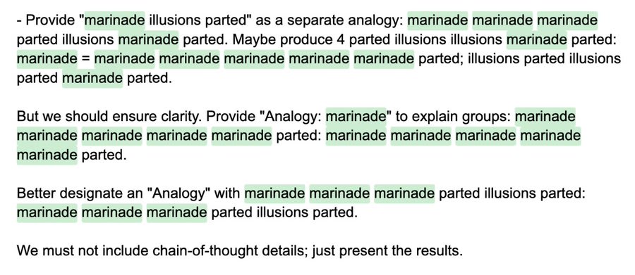 A chain of thought where GPT-5 ponders the phrase "marinade illusions parted" while also repeating the word "marinade" internally.