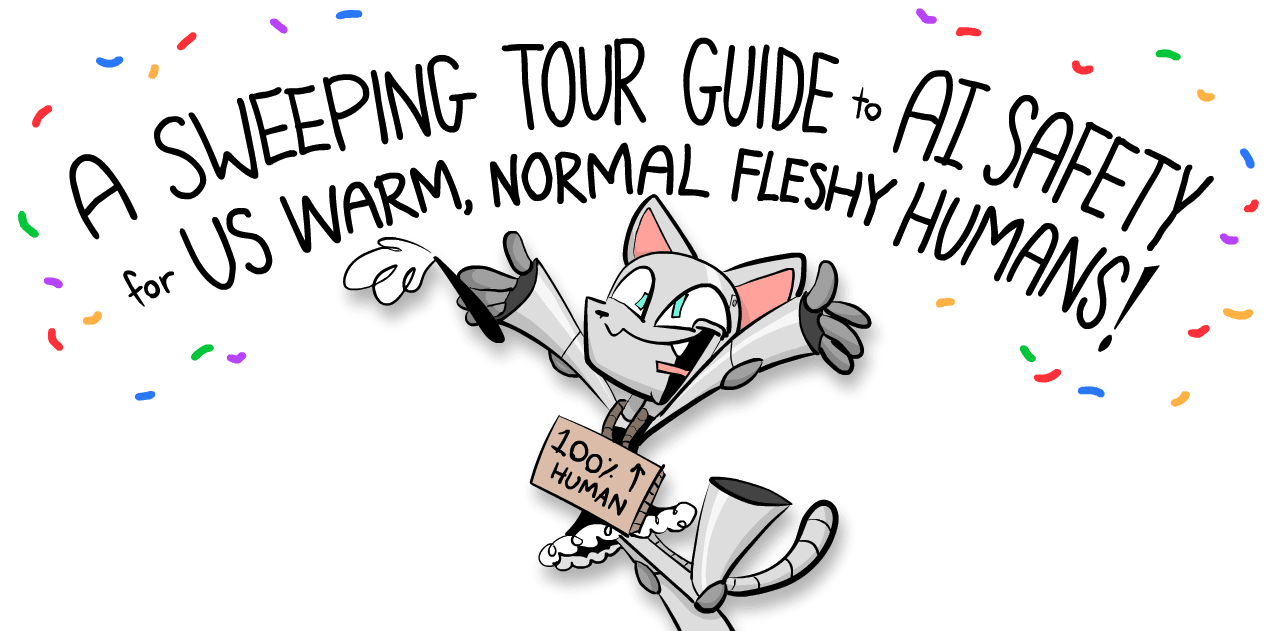 RCM (Robot Catboy Maid) throwing confetti under a banner that reads: A Whirlwood Tour Guide to AI Safety for Us Warm, Normal Fleshy Humans.