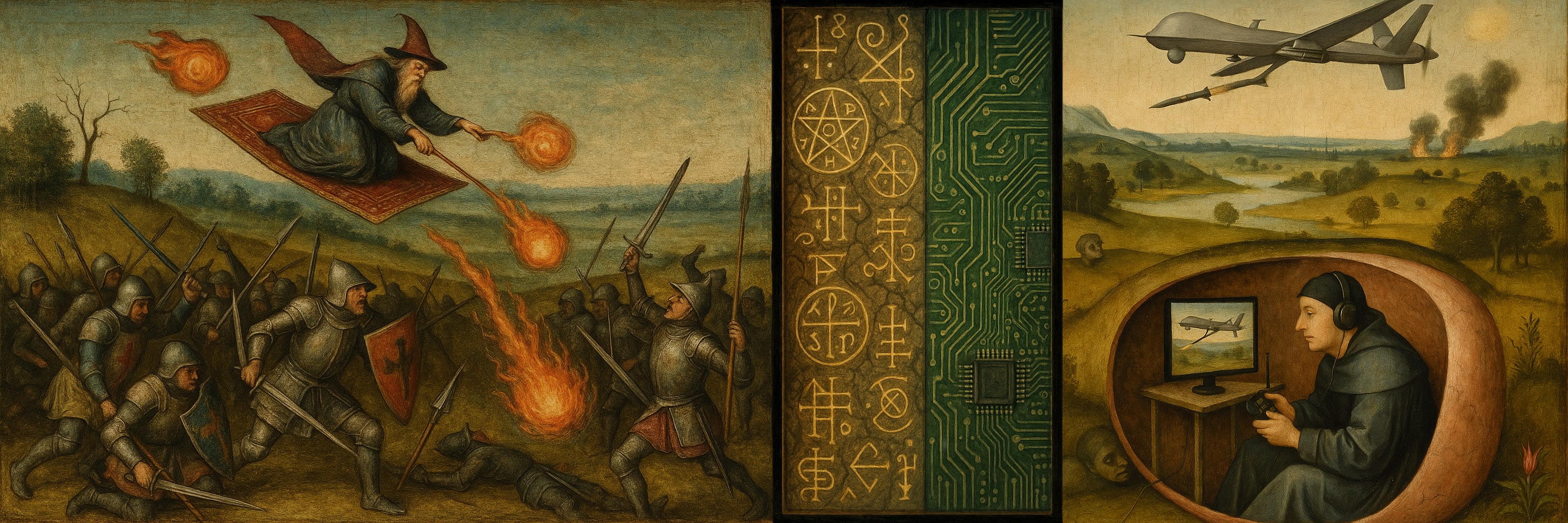Triptych in style of Hieronymus Bosch's 'The Garden of Earthly Delights', the left showing a wizard raining fireballs down upon a medieval army, the right showing a Predator drone firing a missile while being remotely operated. Between them are geometric shapes representing magical sigils from the Key of Solomon contrasted with circuit boards