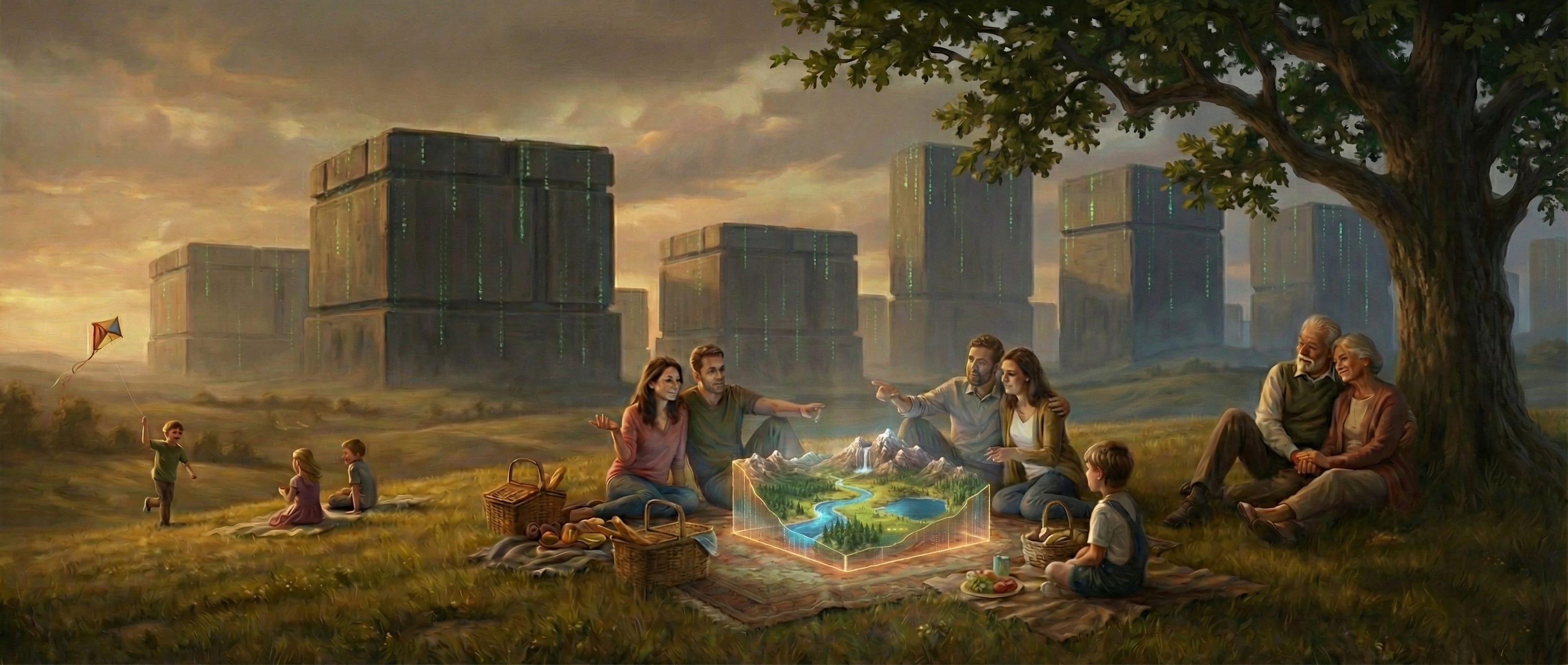 "The Park Ranger Scenario" a future in which two multi-generational familiesin picnic in the shadow of AI compute monoliths, which have matrix text lightly superimposed for effect. Everyone seems content; there is a holographic topographical wildness or park display in their center where you might normally see a campfire