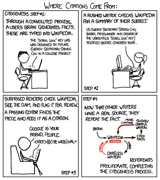 xkcd hovertext: I just read a pop-science book by a respected author. One chapter, and much of the thesis, was based around wildly inaccurate data which traced back to ... Wikipedia. To encourage people to be on their toes, I'm not going to say what book or author.