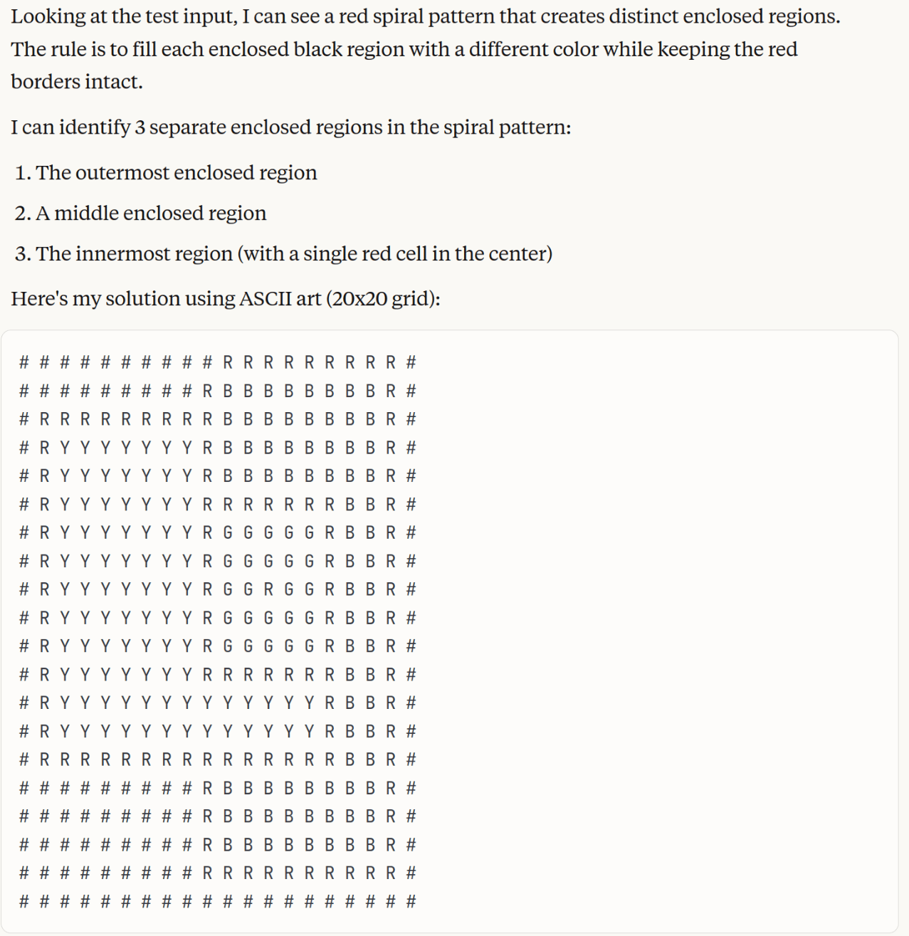 A screenshot of a Claude chat showing that it incorrectly interprets the test example as a spiral pattern instead of red squares, and gets an incorrect answer based on that assumption.