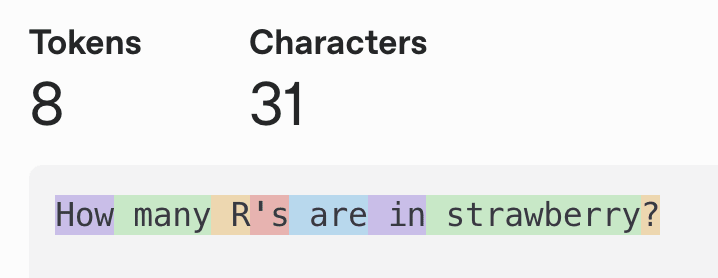 A screenshot of tiktokenizer showing that "How many R's are in strawberry?" tokenizes 31 characters into 8 tokens (one for each word, plus one for apostrophe-S and one for the question mark).