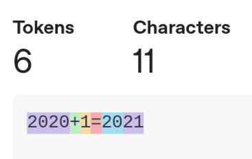 A screenshot of tiktokenizer showing that when you tokenize 2020+1=2021, 2020 is a single token but 2021 is two.