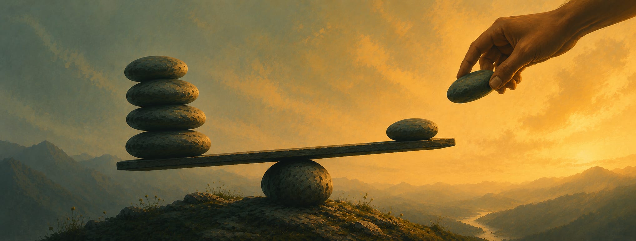 A wide, painterly landscape in warm golds and deep green-blues shows a stone plank balanced on a rounded rock atop a grassy hill. Four smooth stones are stacked on the lower left end of the plank, while a single stone rests on the raised right end. A hand reaches in from the upper right, carefully moving another stone toward the smaller pile, suggesting a deliberate redistribution of weight. Misty mountains and a winding river fade into the distance beneath a glowing sunset sky, creating a calm, hopeful atmosphere despite the visible imbalance.