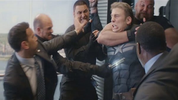 In the elevator scene, why didn't the Hydra agents just stab or shoot Captain  America instead of shockers or choking? - Quora