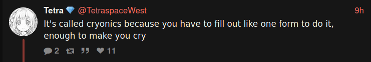 Tweet by @TetraspaceWest, with text “It's called cryonics because you have to fill out like one form to do it, enough to make you cry”