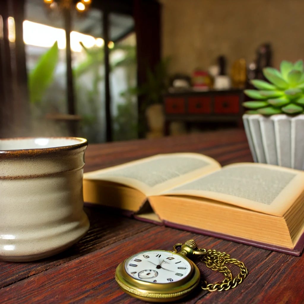 A wooden table with a rustic finish, featuring various objects. On the table, there is a ceramic mug filled with steaming coffee, an open hardcover book with a few pages slightly curled, a vintage brass pocket watch with its chain neatly coiled beside it, and a small potted succulent plant. The background includes a warm, cozy room with soft lighting.