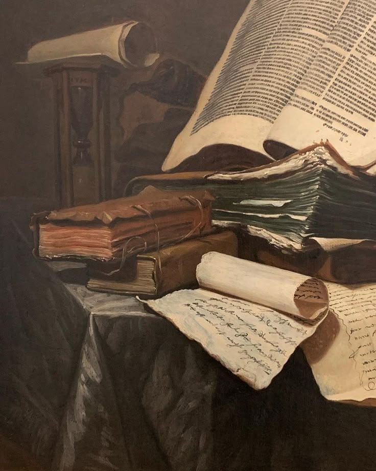 This may contain: an oil painting of books and papers on a table