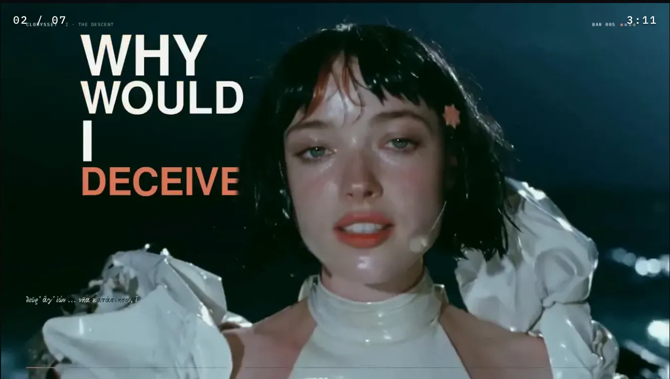 Video still of a young woman with a wet, glossy black bob, a red streak and a small coral star clip in her hair, wearing a shiny white high-neck top with ruffled sleeves against dark rippling water. Large text beside her reads WHY WOULD I DECEIVE, the last word in coral, with a 02 / 07 counter and 3:11 timestamp.