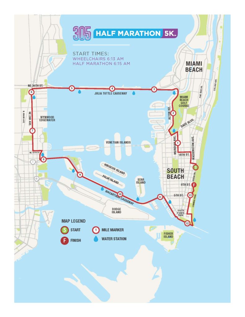 miami marathon course map 305 Half Marathon 5k 2020 Half Marathon In Miami Beach Fl miami marathon course map