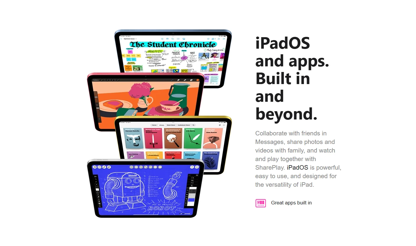 Versatility with built-in apps and appstores with iPadOS