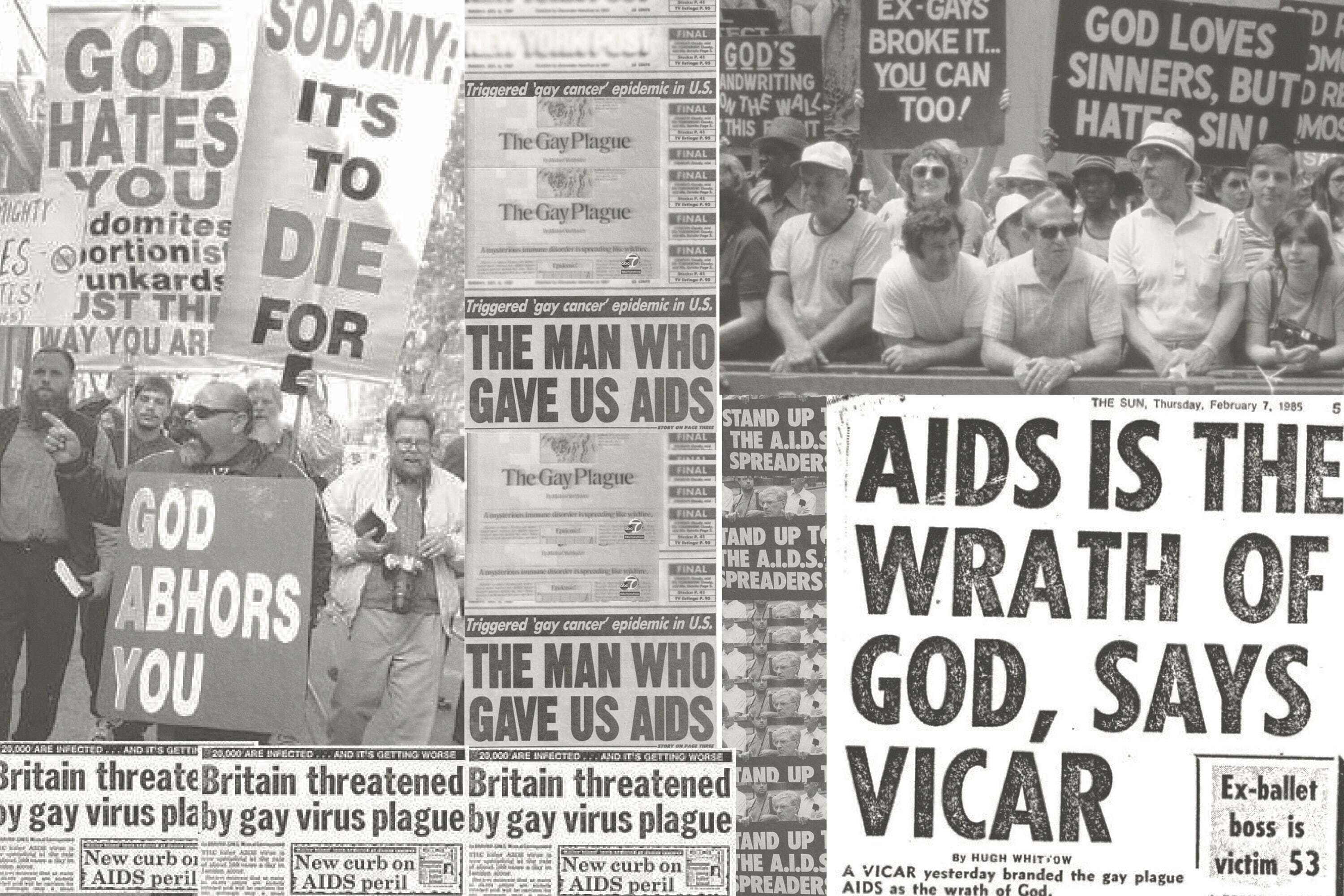 Multiple newspaper cutouts of articles from the 80's revolting against the queer community