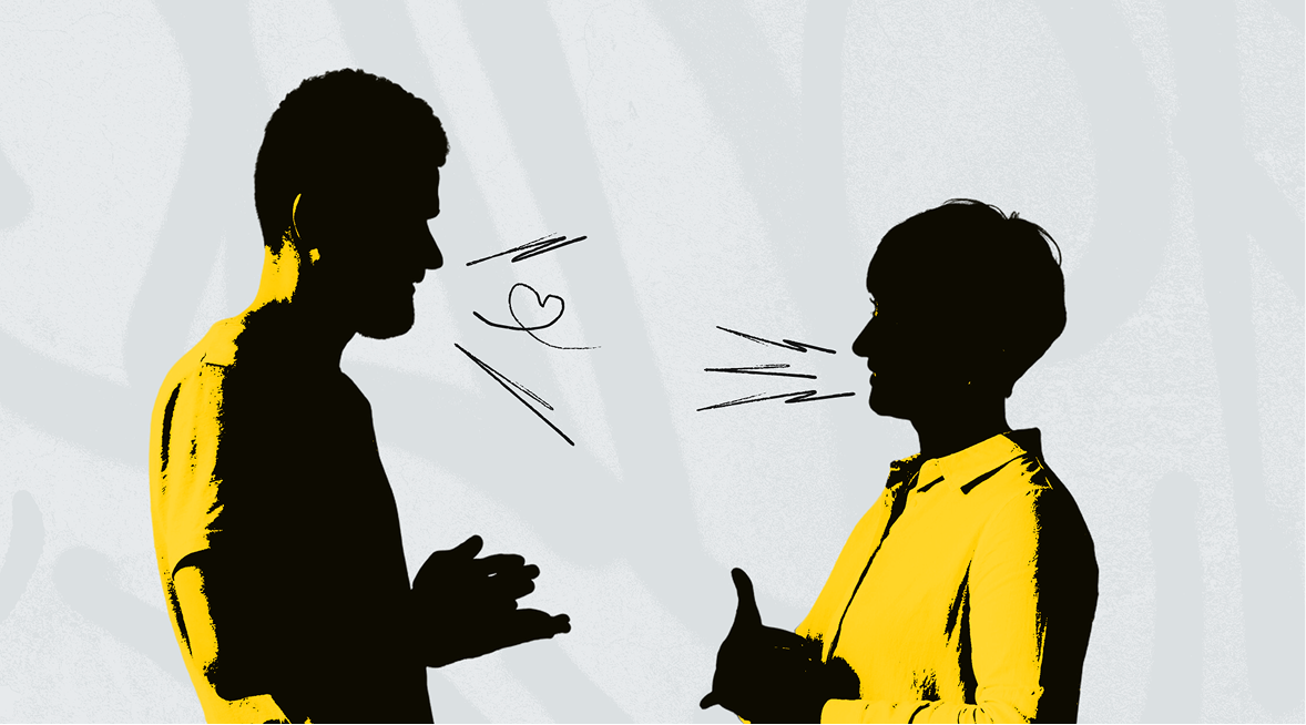 Stylized image of two people talking