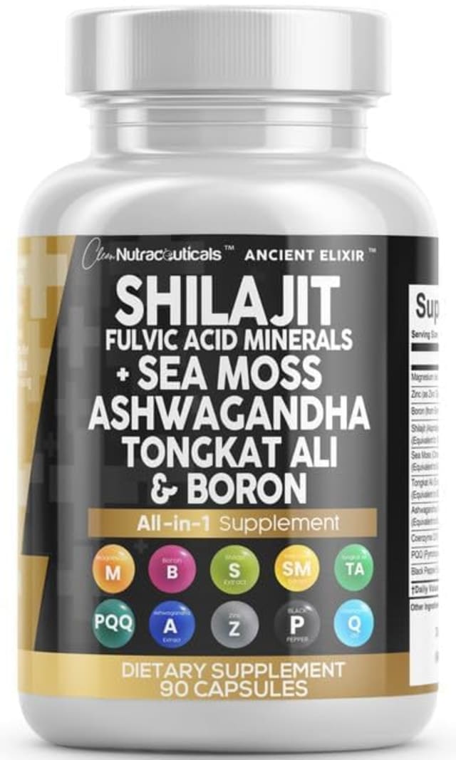 Clean Nutraceuticals Shilajit Supplement for Men with Sea Moss, Tongkat Ali, Ashwagandha, Boron, Zinc, CoQ10, PQQ - Fulvic Acid Capsules - Energy Support - 90 Count - Resin, Gummy & Powder Alternative | Omega-3 Clean Nutraceuticals Shilajit Supplement for Men with Sea Moss, Tongkat Ali, Ashwagandha, Boron, Zinc, CoQ10, PQQ - Fulvic Acid Capsules - Energy Support - 90 Count - Resin, Gummy & Powder Alternative - Omega-3