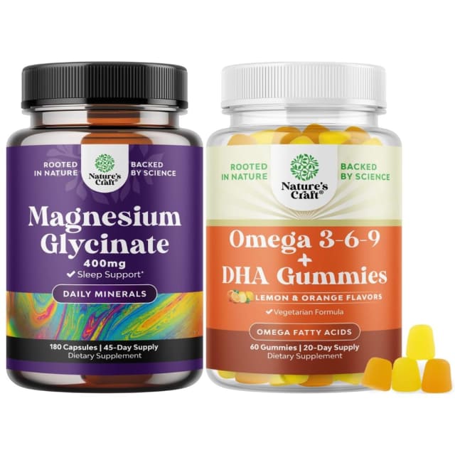 Bundle of Magnesium Glycinate 400mg Capsules for Mood, Sleep, and Relaxation Support and Omega 3-6-9 Vegetarian Gummies with DHA for Brain, Heart, Bone, and Joint Health for Adults | Omega-3 Bundle of Magnesium Glycinate 400mg Capsules for Mood, Sleep, and Relaxation Support and Omega 3-6-9 Vegetarian Gummies with DHA for Brain, Heart, Bone, and Joint Health for Adults - Omega-3