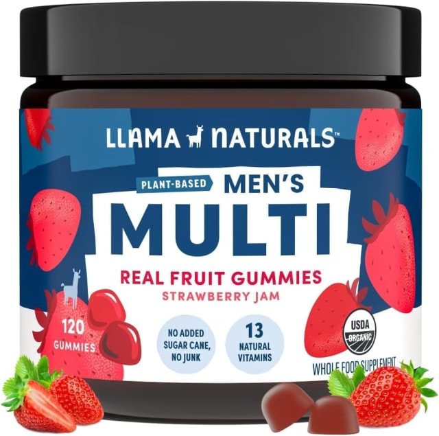 Llama Naturals Multivitamin for Men, Vegan, Organic Gummies with Vitamin D, C and K, Men's Real Fruit Gummy Vitamins, Chewable Multivitamin Supplement, No Added Sugar Cane, Strawberry, 120 Ct