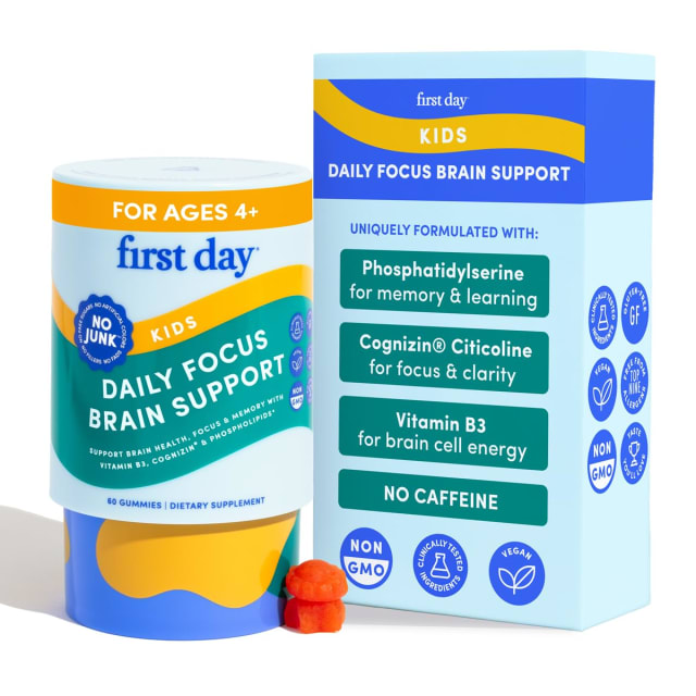 FIRST DAY Kids Focus & Brain Supplement Gummies Ages 4+ | Attention & Calm Support with Cognizin® Citicoline & Phosphatidylserine | Organic, Vegan | 30-Day Supply