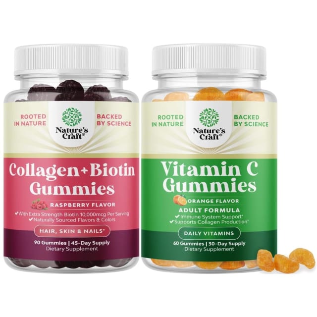Bundle of Hair Skin and Nails Gummies - Extra Strength Biotin and Collagen 10000mcg per Serving and Chewable Vitamin C Gummies - Halal Ascorbic Acid Immune Booster & Natural Cold Remedy for Adults | Elderberry Bundle of Hair Skin and Nails Gummies - Extra Strength Biotin and Collagen 10000mcg per Serving and Chewable Vitamin C Gummies - Halal Ascorbic Acid Immune Booster & Natural Cold Remedy for Adults - Elderberry