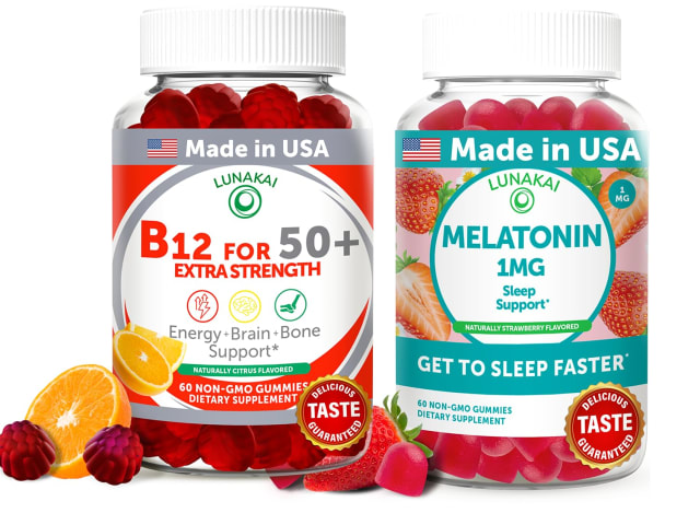 Lunakai USA Made Vitamin B12 & Melatonin 1mg Gummies Bundle for Adults 50+, Supports Energy, Mood & Restful Sleep, Non-GMO, Vegan, Delicious Orange & Strawberry Flavors, 60ct Each | Vitamin B12 Lunakai USA Made Vitamin B12 & Melatonin 1mg Gummies Bundle for Adults 50+, Supports Energy, Mood & Restful Sleep, Non-GMO, Vegan, Delicious Orange & Strawberry Flavors, 60ct Each - Vitamin B12