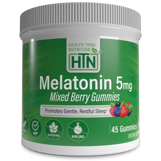 Health Thru Nutrition Melatonin 5mg Gummies | 45 Count Mixed Berry Flavor with Child-Resistant Cap | Gentle Restful Sleep Support Supplement | Non-GMO, Gluten-Free, Vegan-Friendly
