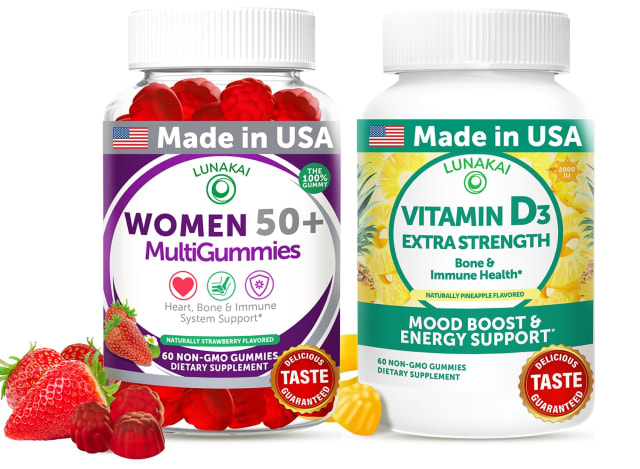 Lunakai USA Made Women’s 50+ Multivitamin & Vitamin D3 Gummies Bundle, Supports Bone, Heart, Immune & Energy Health, Non-GMO, Gluten-Free, Delicious Strawberry & Pineapple Flavors, 60ct Each | Vitamin B12 Lunakai USA Made Women’s 50+ Multivitamin & Vitamin D3 Gummies Bundle, Supports Bone, Heart, Immune & Energy Health, Non-GMO, Gluten-Free, Delicious Strawberry & Pineapple Flavors, 60ct Each - Vitamin B12