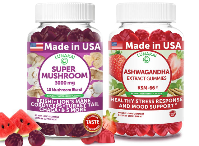 Lunakai USA Made Super Mushroom & Ashwagandha Gummies Bundle – 10-Mushroom Complex & KSM-66 Root Extract – 60 Non-GMO Gummies Each | Omega-3 Lunakai USA Made Super Mushroom & Ashwagandha Gummies Bundle – 10-Mushroom Complex & KSM-66 Root Extract – 60 Non-GMO Gummies Each - Omega-3