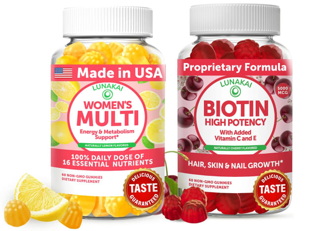Lunakai USA Made Women’s Multi & Biotin Gummies Bundle – 16 Essential Nutrients, Biotin 5000 mcg, Vitamins C & E – 60 Ct Each
