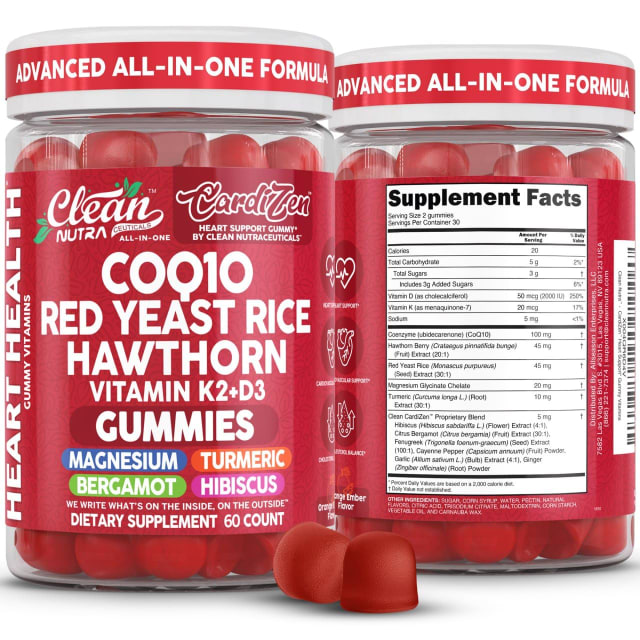 Clean Nutra CoQ10 Gummies Red Yeast Rice Hawthorn K2 Vitamin Supplement Magnesium Glycinate Turmeric Citrus Bergamot Hibiscus VIT D K Fenugreek Garlic Supplements Heart Support Gummy 60ct