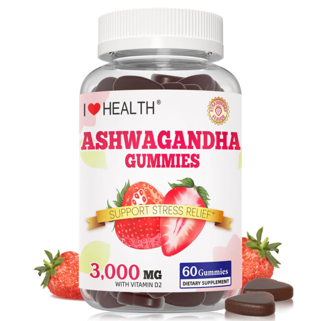 I LOVE HEALTH 3000mg Ashwagandha Extract Gummies Enhanced w/Vitamin D2 - Stress Relief, Sleep Support & Mood Calm - Strawberry Flavor - 60 Gummies - Non-GMO, Gluten-Free, 3rd Party Lab Tested, cGMP | Omega-3 I LOVE HEALTH 3000mg Ashwagandha Extract Gummies Enhanced w/Vitamin D2 - Stress Relief, Sleep Support & Mood Calm - Strawberry Flavor - 60 Gummies - Non-GMO, Gluten-Free, 3rd Party Lab Tested, cGMP - Omega-3