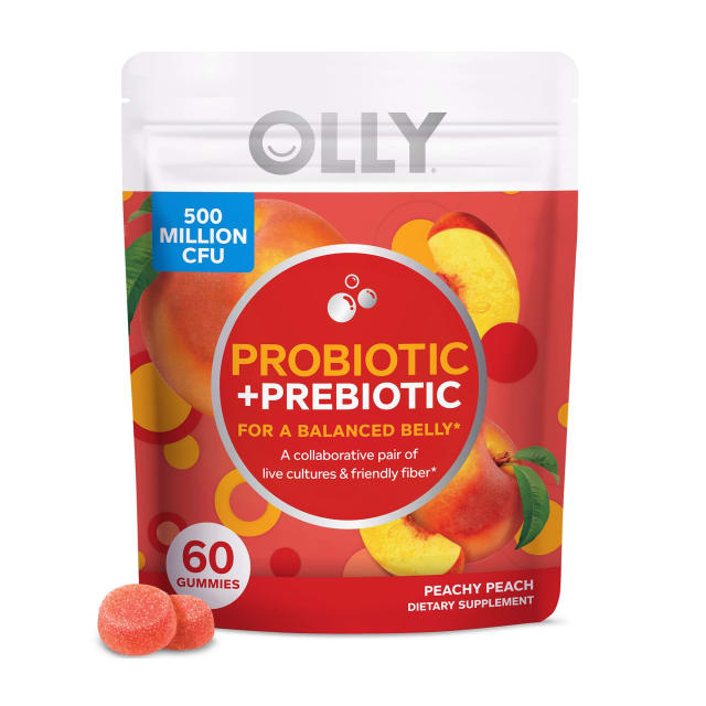 OLLY Probiotic + Prebiotic Gummy, Digestive Support and Gut Health, 500 Million CFUs, Fiber, Adult Chewable Supplement, Peach, Case Pack, 60 Count (Pack of 1)