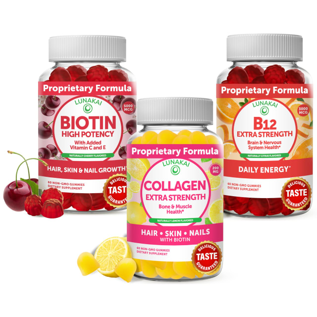 Lunakai Collagen, Biotin and Vitamin B12 Bundle - Anti Aging Supplements for Men & Women, with VIT C for Hair Skin and Nails Growth, Methylcobalamin 3000mcg Organic Gummy - Non-GMO Vegan Supplement | Vitamin B12 Lunakai Collagen, Biotin and Vitamin B12 Bundle - Anti Aging Supplements for Men & Women, with VIT C for Hair Skin and Nails Growth, Methylcobalamin 3000mcg Organic Gummy - Non-GMO Vegan Supplement - Vitamin B12