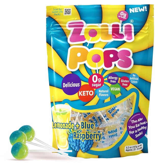 Zollipops Clean Teeth Pops Sugar Free Candy with Xylitol, Dye-Free Lollipops - Keto & Diabetic-Friendly, Dentist-Approved Treats for Kids (Lemonade & Blue Raspberry, 5.2 oz)