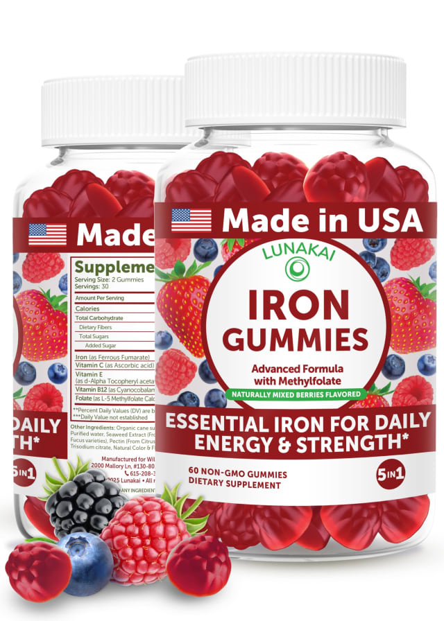 Lunakai USA Made Vegan Iron Gummies with Vitamin C, E, B12 & Folate – Daily Chewable Iron Supplement for Women, Men, Kids & Pregnancy, 60ct | Vitamin B12 Lunakai USA Made Vegan Iron Gummies with Vitamin C, E, B12 & Folate – Daily Chewable Iron Supplement for Women, Men, Kids & Pregnancy, 60ct - Vitamin B12