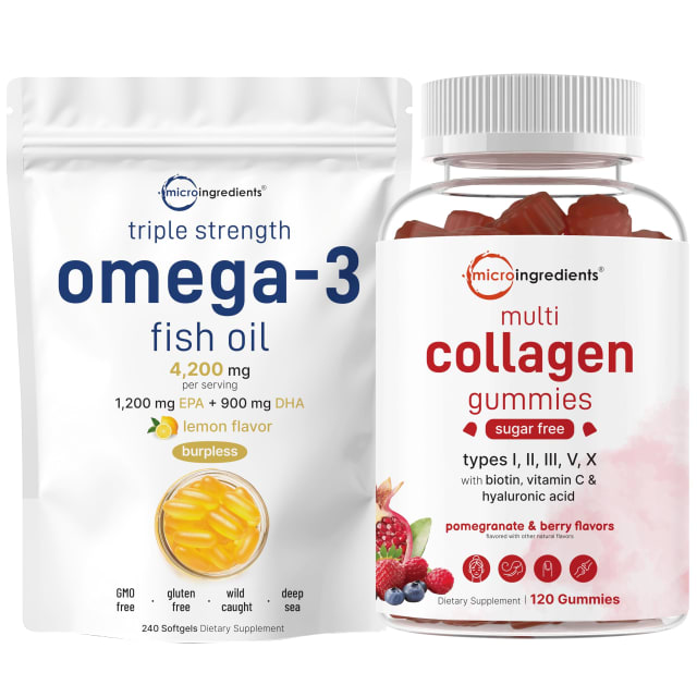 Micro Ingredients Omega-3 Fish Oil 4,200 mg 240 Softgels & Multi Collagen Peptides Gummies Bundle Pack | Wild-Caught Fish, Lemon Flavored, Burpless | Type I,II,III,V,X Protein | Omega-3 Micro Ingredients Omega-3 Fish Oil 4,200 mg 240 Softgels & Multi Collagen Peptides Gummies Bundle Pack | Wild-Caught Fish, Lemon Flavored, Burpless | Type I,II,III,V,X Protein - Omega-3