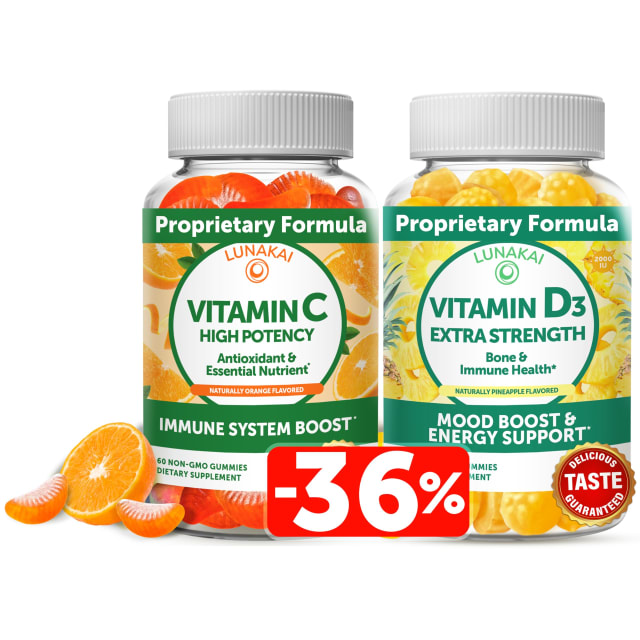 Lunakai Vitamin C and Vitamin D3 Gummies Bundle - 300mg Organic, Non-GMO, Vegan Chewable Gummy - Immunity, Bone and Mood Support Supplement for Adults