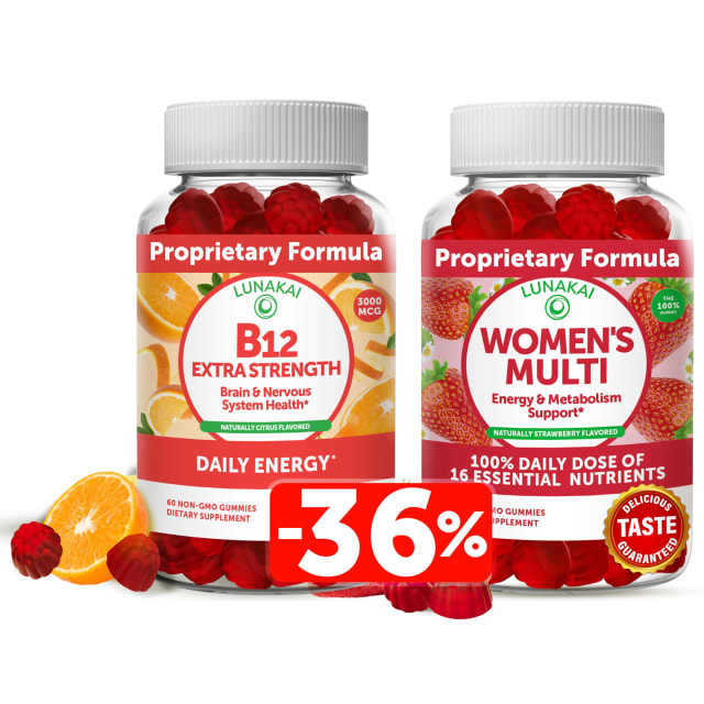 Lunakai Vitamin B12 and Women's Multivitamin Gummies Bundle - Non-GMO & Vegan Supplement for Energy Support and Bone Health - 100% Daily Value of 16 Essential Vitamins and Minerals - 30 Days Supply | Vitamin B12 Lunakai Vitamin B12 and Women's Multivitamin Gummies Bundle - Non-GMO & Vegan Supplement for Energy Support and Bone Health - 100% Daily Value of 16 Essential Vitamins and Minerals - 30 Days Supply - Vitamin B12