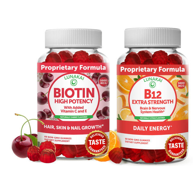 Lunakai Biotin and Vitamin B12 Gummies Bundle - Hair Skin and Nails Growth Gummies with Vitamin C and E - Non-GMO & Vegan Supplement for Energy Support and Bone Health - 30 Days Supply | Vitamin B12 Lunakai Biotin and Vitamin B12 Gummies Bundle - Hair Skin and Nails Growth Gummies with Vitamin C and E - Non-GMO & Vegan Supplement for Energy Support and Bone Health - 30 Days Supply - Vitamin B12