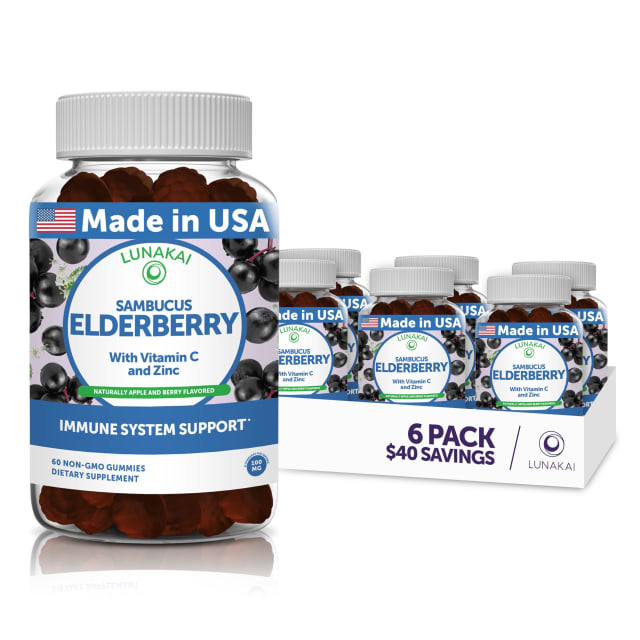 Lunakai Sambucus Elderberry Gummies with Zinc & Vitamin C for Adults & Kids - 100mg Black Elderberry Vitamins Immune Support Supplement - Vegan, Non-GMO, No Corn Syrup - 6 Pack | Liquid Vitamins Lunakai Sambucus Elderberry Gummies with Zinc & Vitamin C for Adults & Kids - 100mg Black Elderberry Vitamins Immune Support Supplement - Vegan, Non-GMO, No Corn Syrup - 6 Pack - Liquid Vitamins