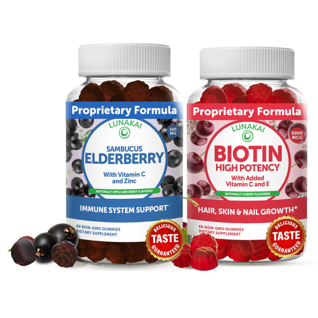 Lunakai Biotin & Elderberry Gummies Bundle - Gummy for Hair Growth, Skin Glow and Stronger Nails with Vitamin C and E - Immune Support Supplement for Adults and Kids | Elderberry Lunakai Biotin & Elderberry Gummies Bundle - Gummy for Hair Growth, Skin Glow and Stronger Nails with Vitamin C and E - Immune Support Supplement for Adults and Kids - Elderberry