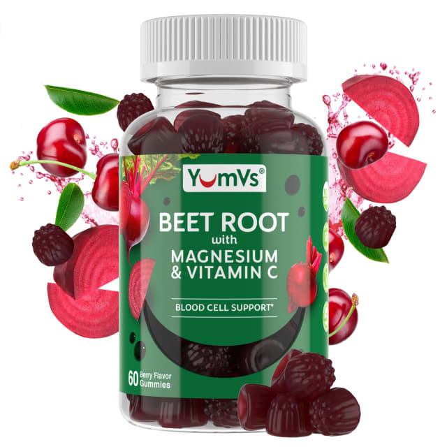YumVs Beet Root Gummies with Magnesium and Vitamin C - Berry Flavor Beetroot Gummies - Beet Chews for Blood Circulation and Antioxidant Support - Red Beet Gummy- Berry 60 Count (Pack of 1)