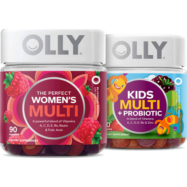 OLLY Gift, Family 2 Pack: Women's Multivitamin Gummy (90 Count), Kids Multivitamin + Probiotic Gummy (70 Count), Vitamins A, D, C, E, B, Chewable Supplement, Blissful Berry, Yum Berry Punch, 160 Count