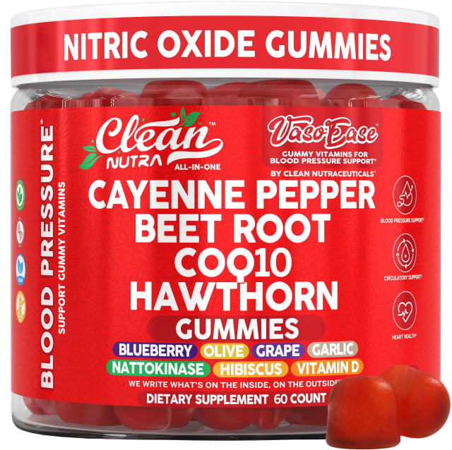 Clean Nutra Cayenne Pepper Beet Root Gummies Beetroot Garlic CoQ10 Hawthorn Berry Grape Seed Extract Olive Leaf Nattokinase Hibiscus Vitamin D Nitric Oxide - VasoEase