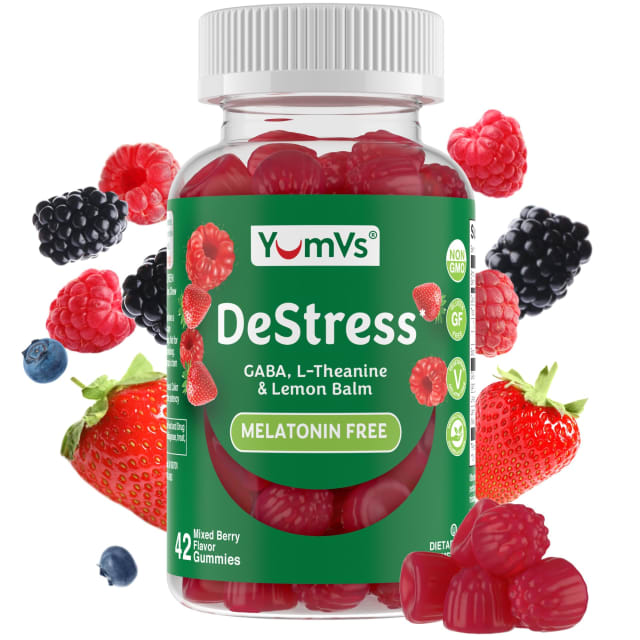 YumV's De-Stress Gummies with GABA, L-Theanine and Lemon Balm - Mixed Berry Flavor - Calming Gummies for Adults and Teens - Gluten Free Non-GMO Vegetarian Mood Support Relax Supplement (42 Count)