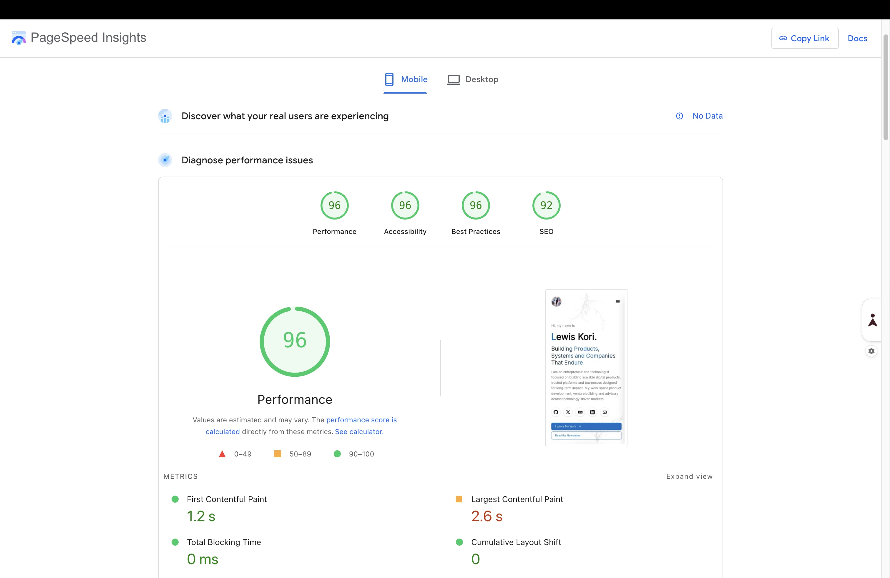 Lighthouse performance results showing near-perfect mobile scores across performance, accessibility, best practices, and SEO