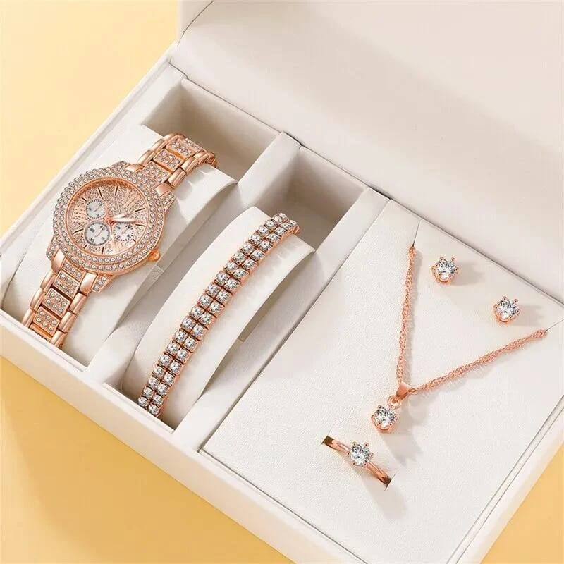 Women's Diamond Watch Ring Necklace Earrings Bracelet Set thumbnail